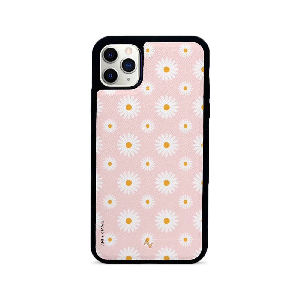 ANDY X MAAD Pink Daisies Leather Case for iPhone 11 Pro Max, featuring a floral design and vegan saffiano leather with a soft rubber rim.