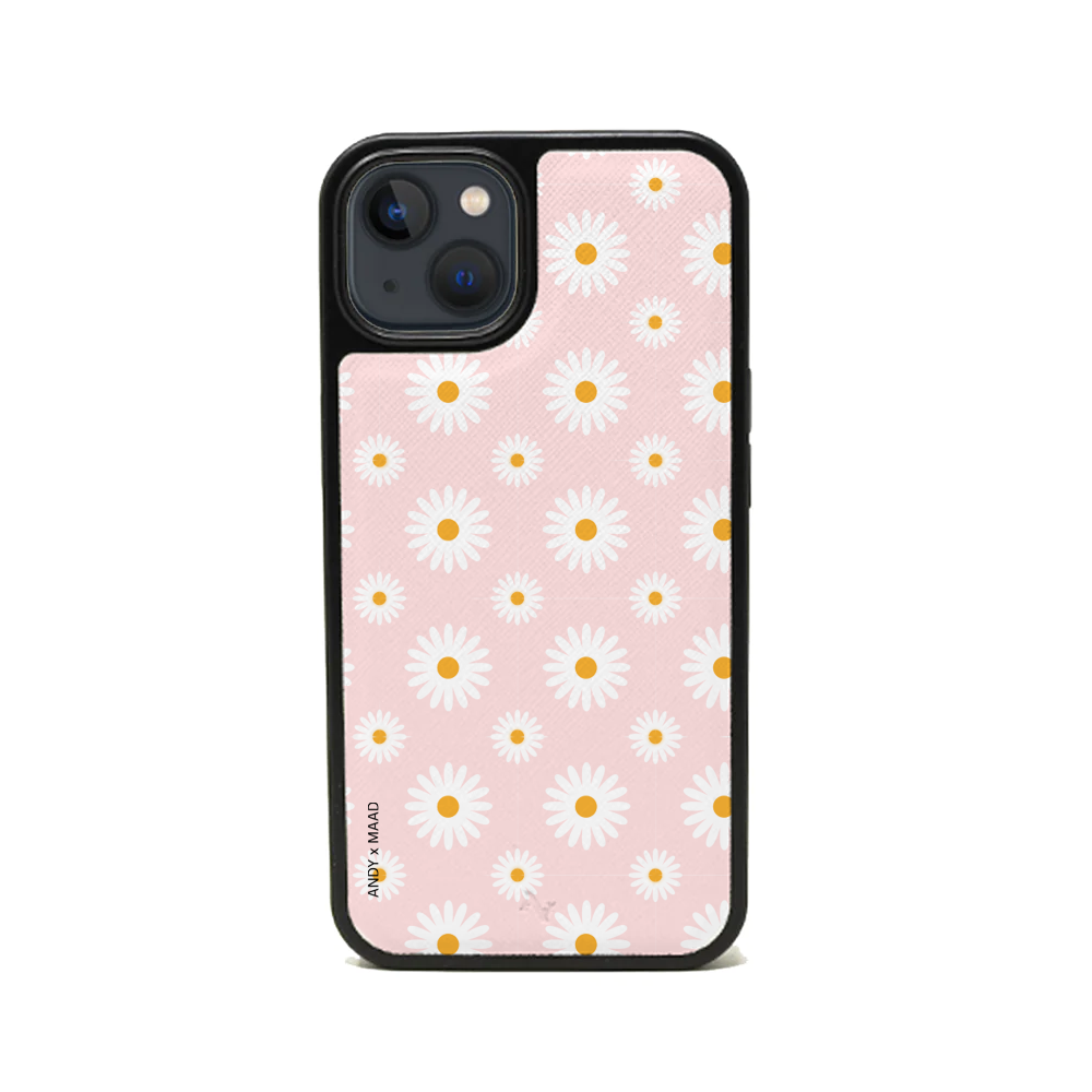 ANDY X MAAD Pink Daisies Leather Case for iPhone 13, featuring vegan leather and a soft rubber rim for protection.