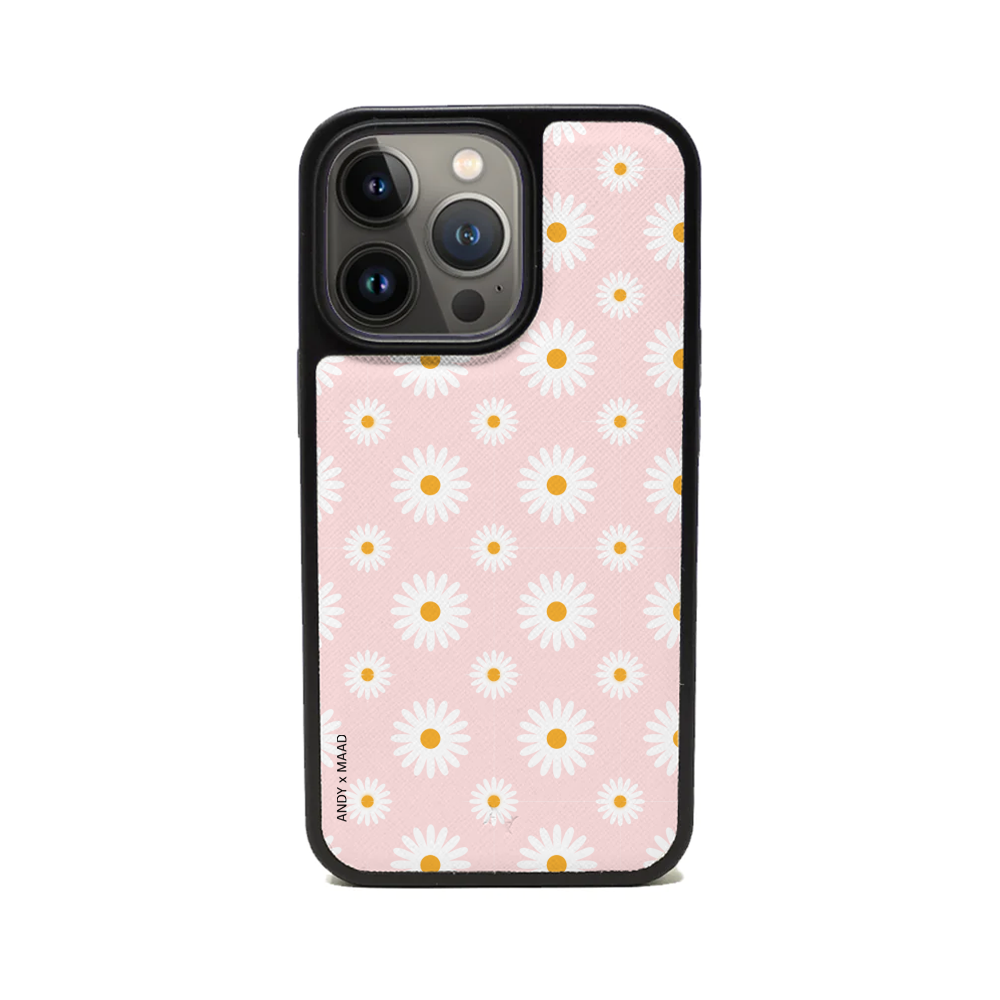 ANDY X MAAD Pink Daisies iPhone 13 Pro Leather Case featuring vibrant floral design and vegan leather material.