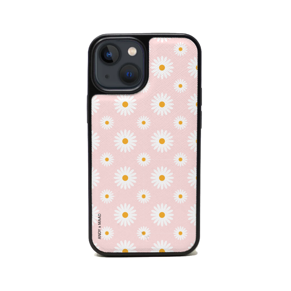 ANDY X MAAD Pink Daisies Leather Case for iPhone 14, featuring a floral design and vegan saffiano leather with a soft rubber rim.