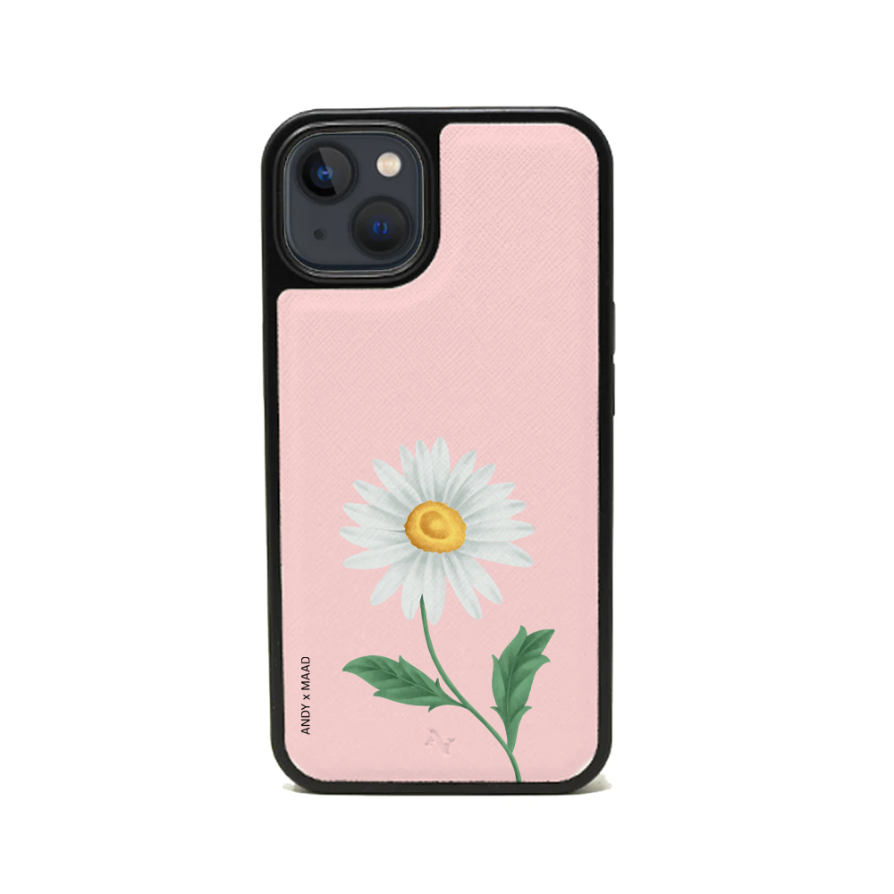 ANDY X MAAD Pink Daisy Leather Case for iPhone 13, featuring vegan saffiano leather and a soft rubber rim.