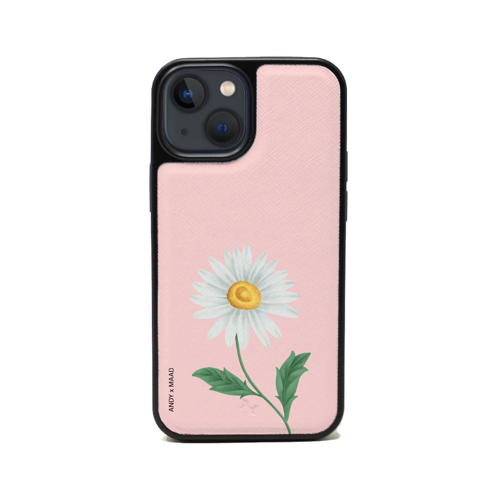 ANDY X MAAD Pink Daisy Leather Case for iPhone 13 Mini, featuring vegan saffiano leather and a soft rubber rim.