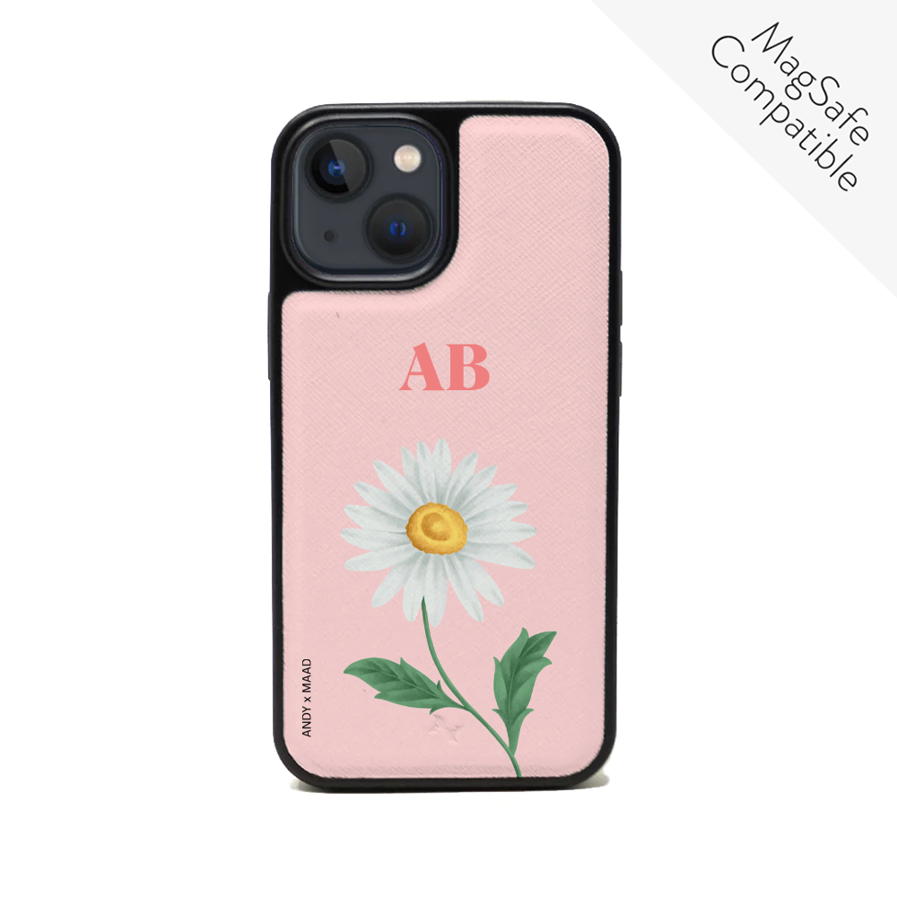 ANDY X MAAD Pink Daisy Leather Case for iPhone 14, featuring vegan saffiano leather and a soft rubber rim for protection.