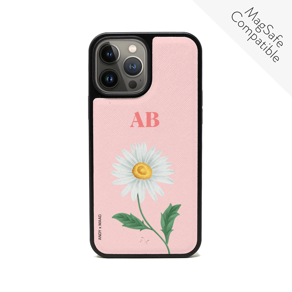 Andy x MAAD Pink Daisy Leather Case for iPhone 14 Pro Max, featuring vegan saffiano leather and a soft rubber rim for protection.