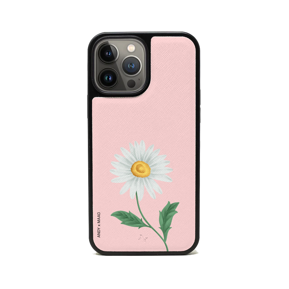 Andy x MAAD Pink Daisy Leather Case for iPhone 14 Pro Max, featuring vegan saffiano leather and a soft rubber rim for protection.