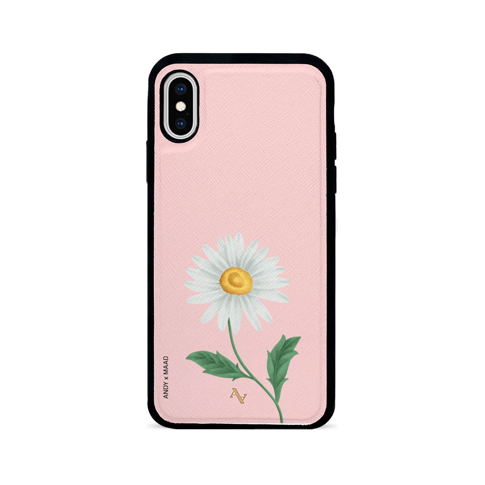 ANDY X MAAD Pink Daisy Leather Case for iPhone X/XS, featuring a floral design and soft rubber rim for protection.