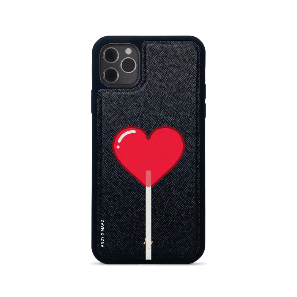 ANDY X MAAD Valentine's Black iPhone 11 Pro Max Leather Case showcasing genuine saffiano leather with a soft rubber rim.