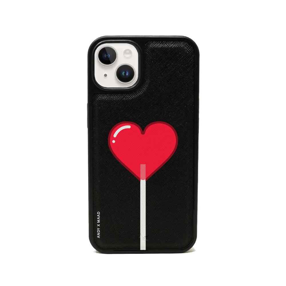 ANDY X MAAD Valentine's Black iPhone 13 Leather Case made of vegan saffiano leather with a soft rubber rim, showcasing personalization options.