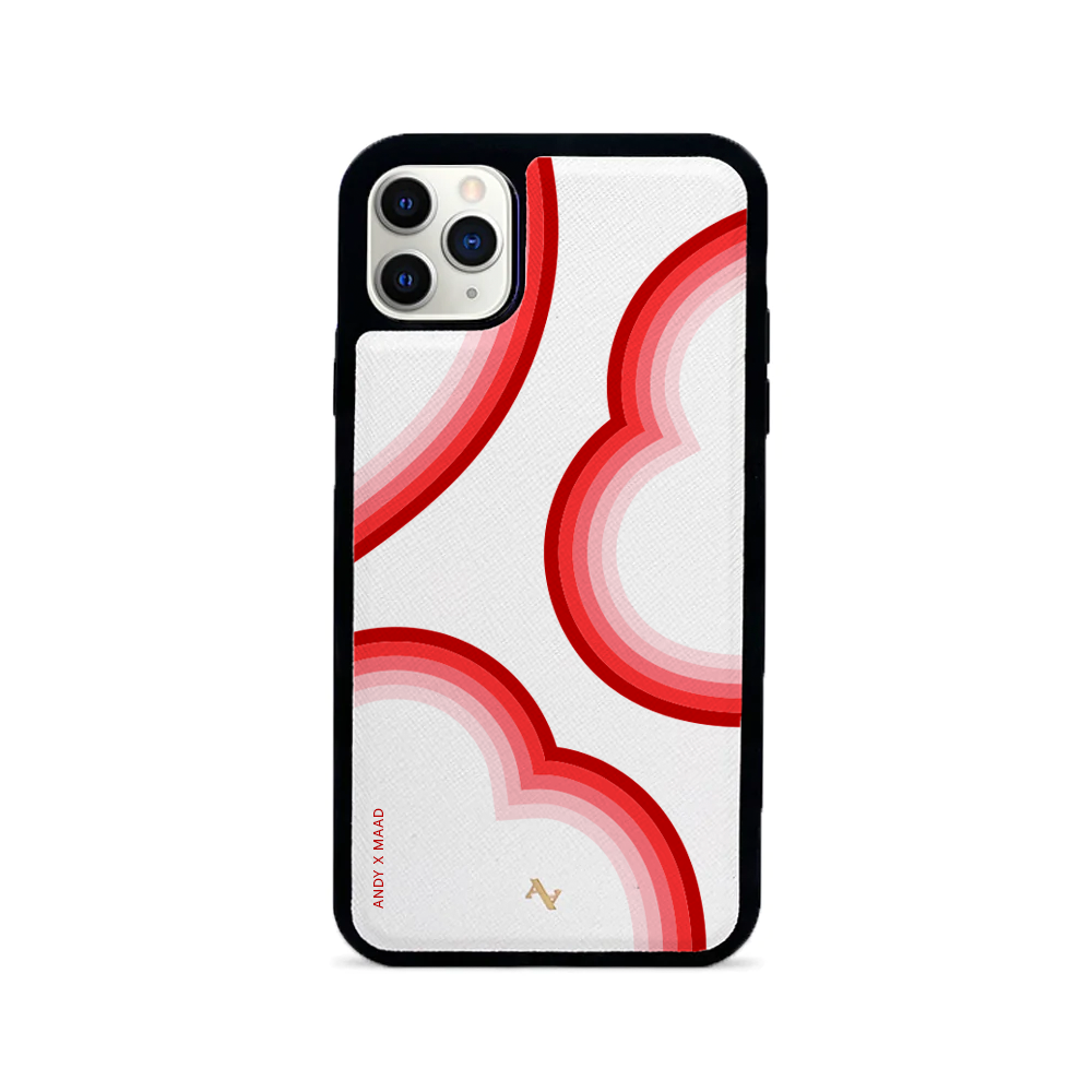 ANDY X MAAD Valentine's White iPhone 11 Pro Max Leather Case featuring saffiano leather and rubber rim, personalized with monogram options.