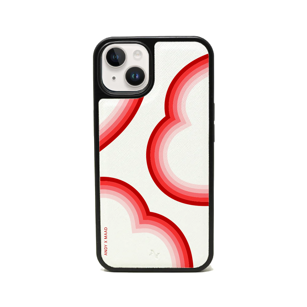 ANDY X MAAD Valentine's White iPhone 13 Leather Case featuring vegan saffiano leather and soft rubber rim, personalized with monogram options.