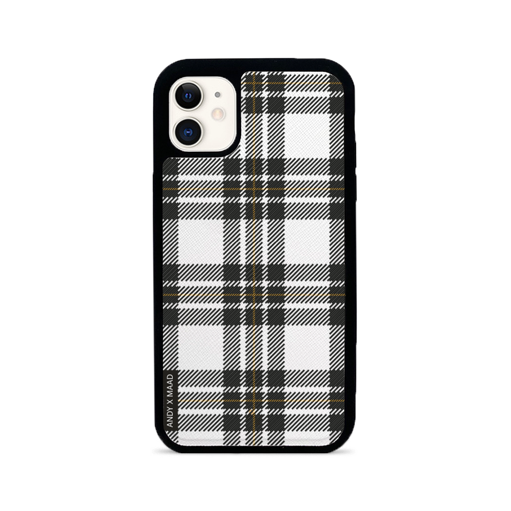 ANDY X MAAD Warm Flannel Leather Case for iPhone 11, featuring vegan saffiano leather and a soft rubber rim, customizable with monogram.