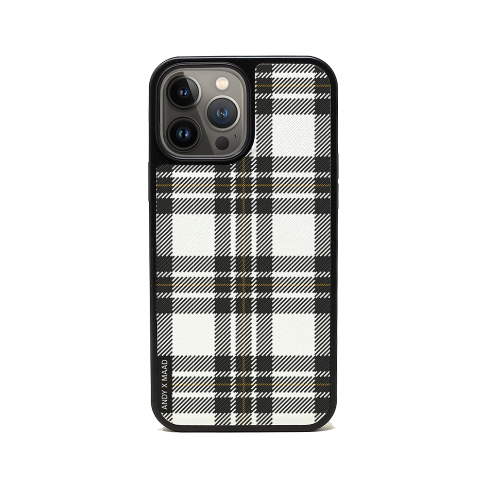 ANDY X MAAD Warm Flannel iPhone 14 Pro Max Leather Case in vegan saffiano leather with rubber rim, showcasing personalization options.