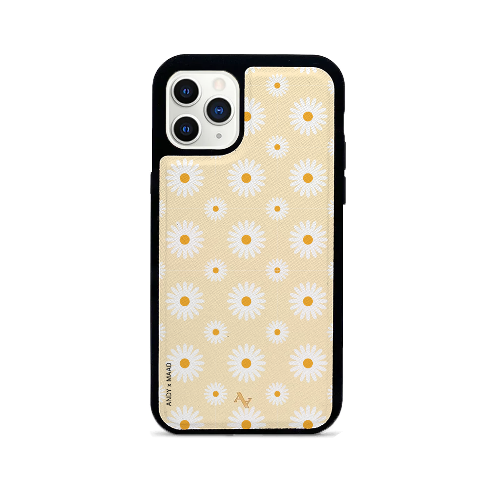 Andy x MAAD Yellow Daisies Leather Case for iPhone 11 Pro, featuring a vibrant floral design and genuine saffiano leather.