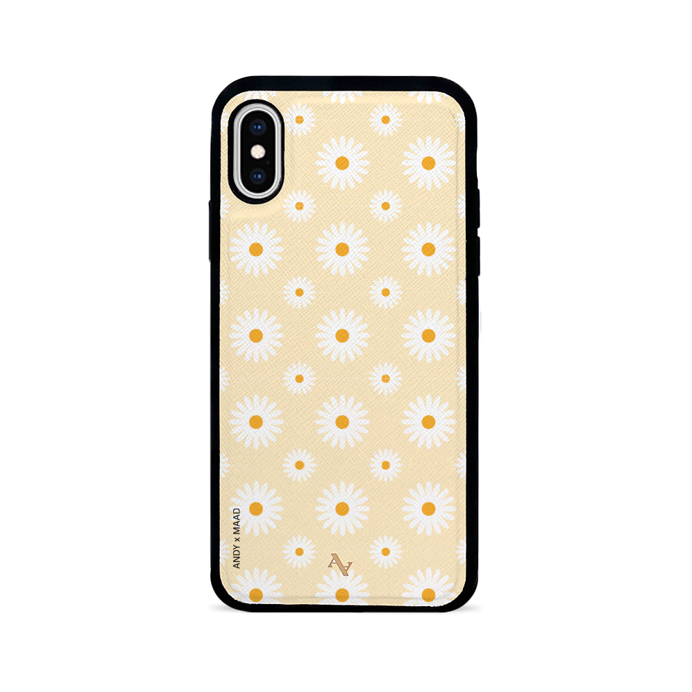 Andy x MAAD Yellow Daisies Leather Case for iPhone X/XS featuring saffiano leather and rubber rim.