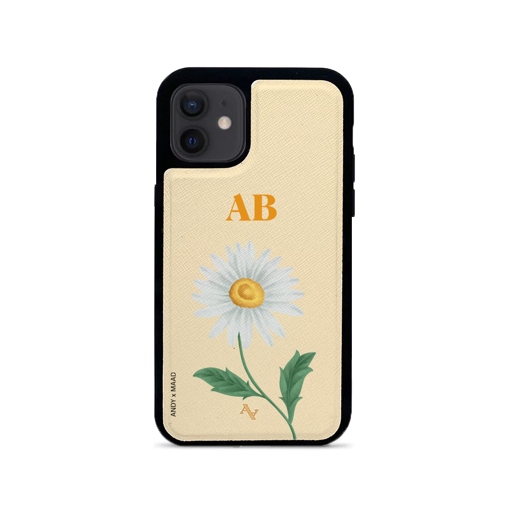 ANDY X MAAD Yellow Daisy Leather Case for iPhone 12 Mini, featuring saffiano leather and rubber rim for protection.