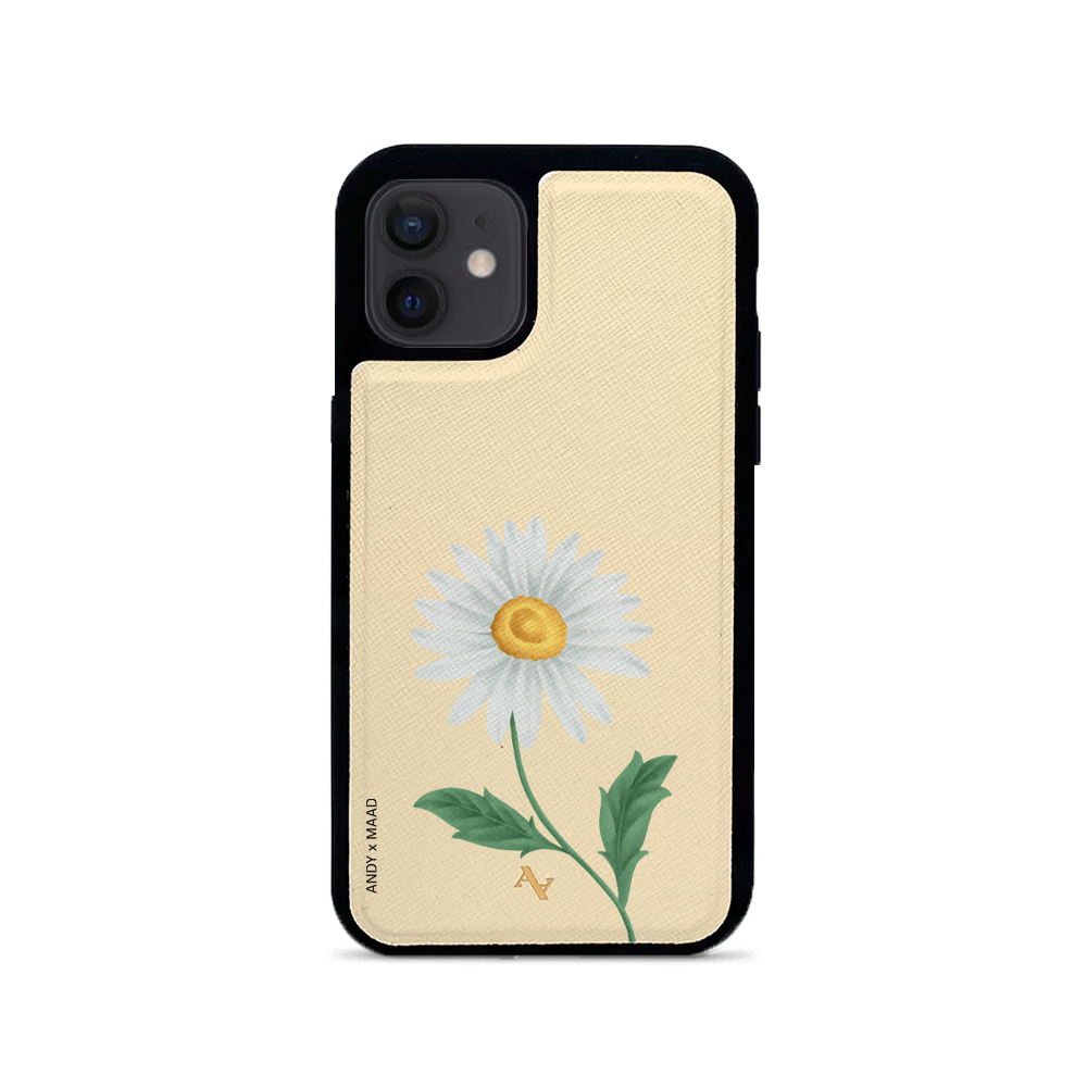 ANDY X MAAD Yellow Daisy Leather Case for iPhone 12 Mini, featuring saffiano leather and rubber rim for protection.