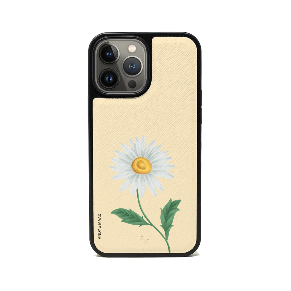 Andy x MAAD Yellow Daisy Leather Case for iPhone 13 Pro Max, featuring vegan saffiano leather and a soft rubber rim.