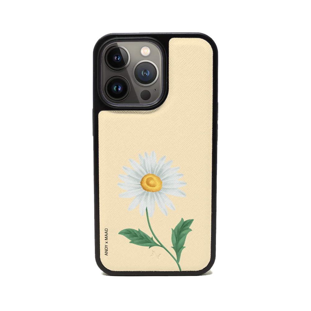 ANDY X MAAD Yellow Daisy Leather Case for iPhone 14 Pro, featuring vegan saffiano leather and a soft rubber rim.