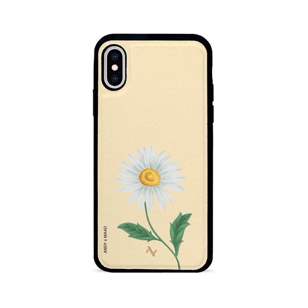 ANDY X MAAD Yellow Daisy Leather Case for iPhone X/XS, featuring a vibrant floral design and genuine saffiano leather.