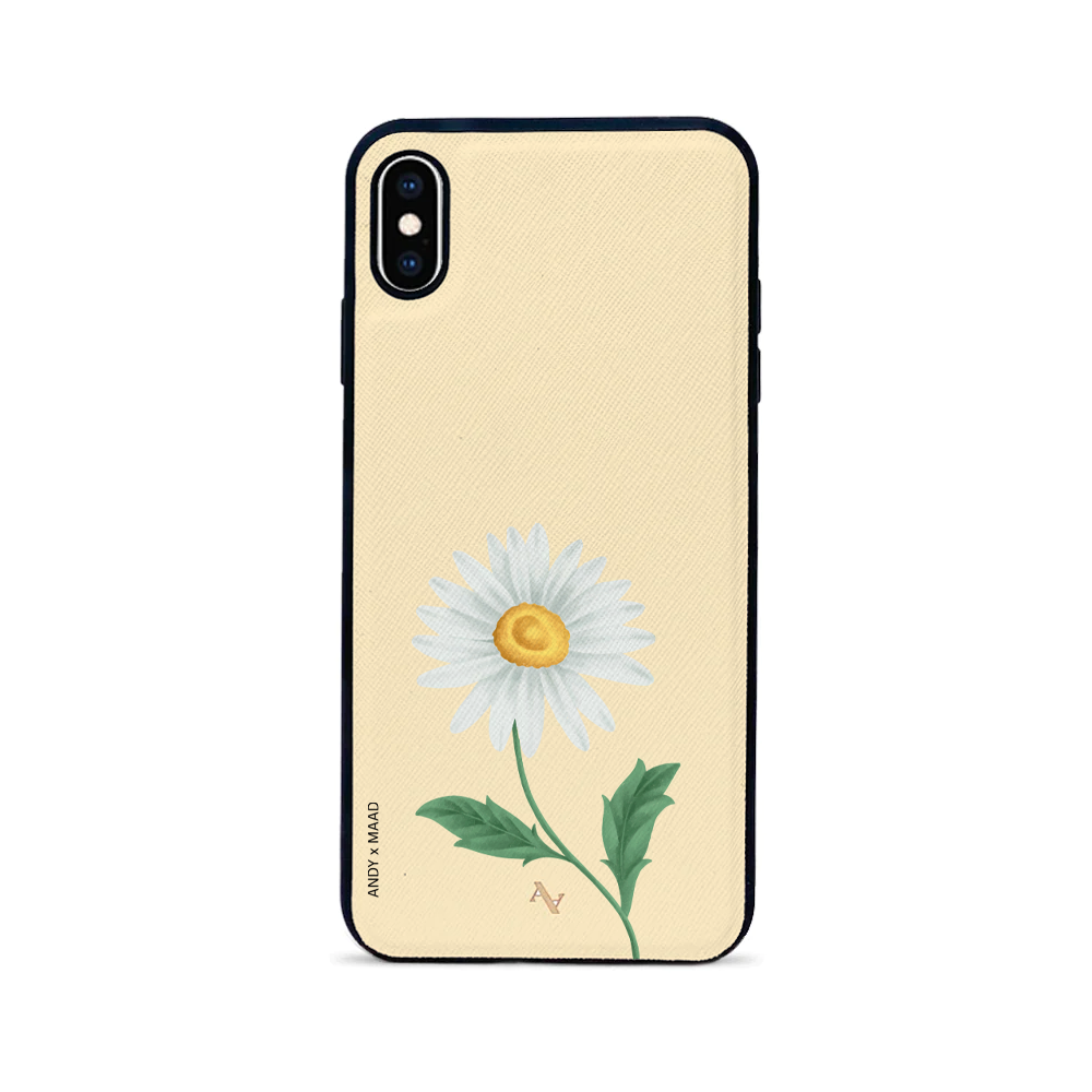 Andy x MAAD Yellow Daisy Leather Case for iPhone XS MAX, featuring saffiano leather and soft rubber rim for protection.