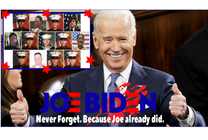 ANTI JOE BIDEN STICKER featuring a bloody hand design with the text 'NEVER FORGET - Because Joe already did'.