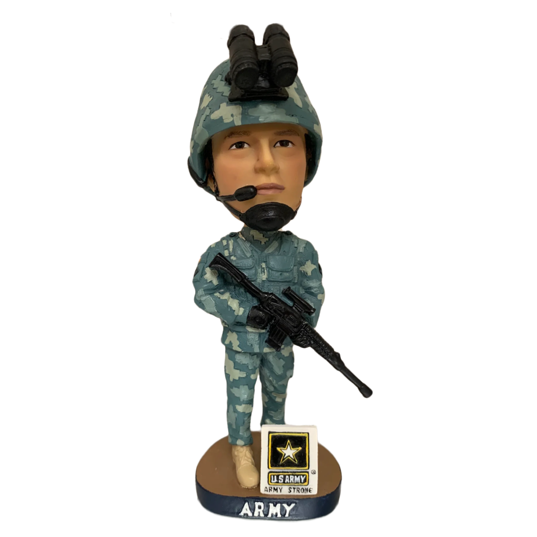 A detailed hand-painted Army Soldier Bobblehead, representing Vietnam War Veterans, standing 7 inches tall with intricate craftsmanship.