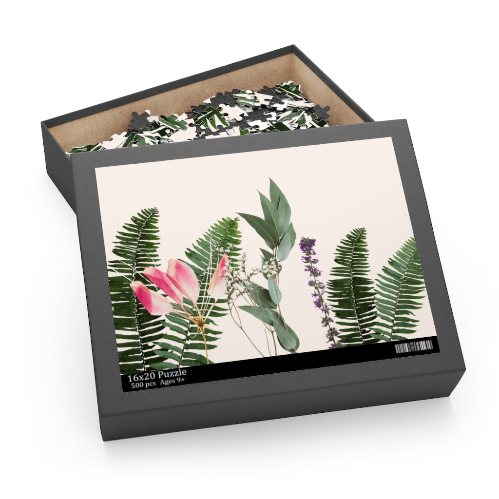 Assorted Floral Jigsaw Puzzle featuring vibrant flowers, 500 high-quality chipboard pieces in a gift-ready box.