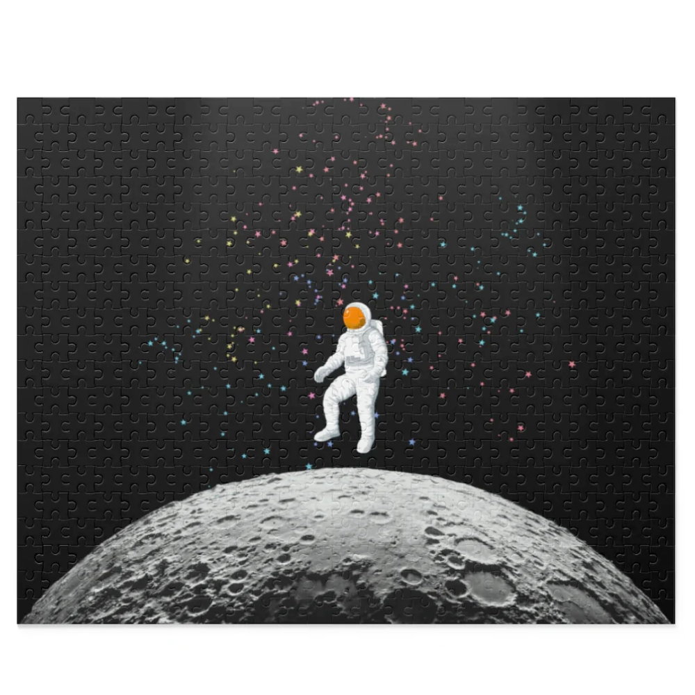 A 500-piece jigsaw puzzle featuring an astronaut on the Moon, showcasing vibrant colors and intricate details.