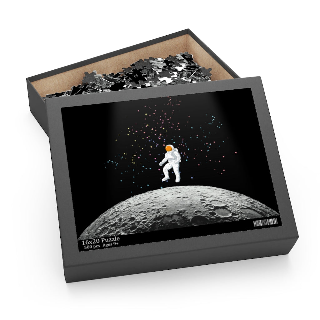 A 500-piece jigsaw puzzle featuring an astronaut on the Moon, showcasing vibrant colors and intricate details.