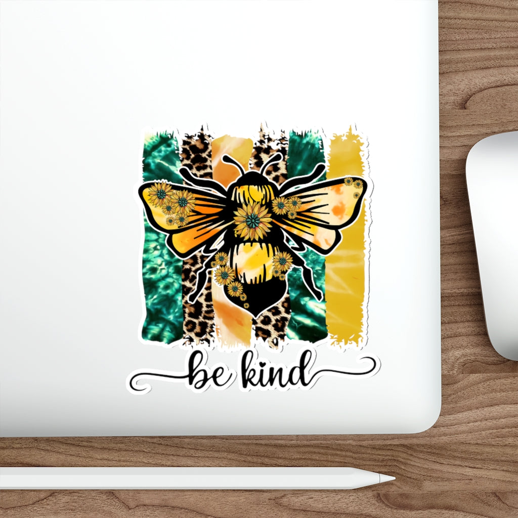 Be Kind Die-Cut Sticker featuring a customizable design on a waterproof vinyl material with a matte finish.