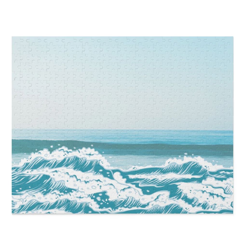 Beach Waves Jigsaw Puzzle featuring 500 high-quality chipboard pieces in a gift-ready box, showcasing vibrant beach artwork.