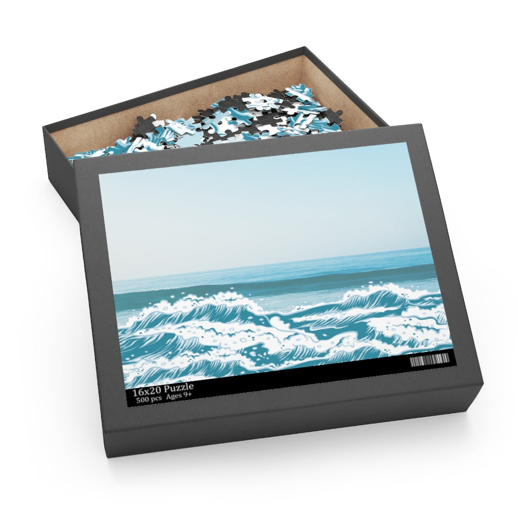 Beach Waves Jigsaw Puzzle featuring 500 high-quality chipboard pieces in a gift-ready box, showcasing vibrant beach artwork.