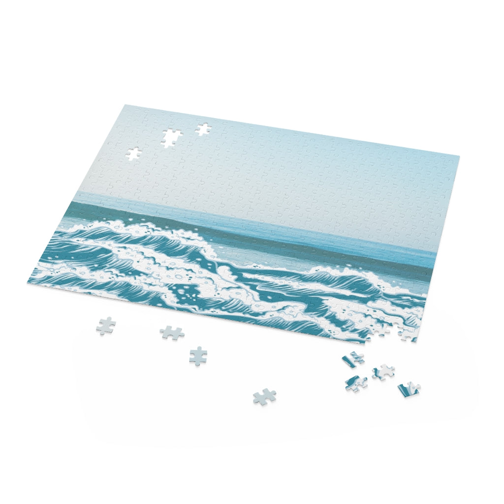 Beach Waves Jigsaw Puzzle featuring 500 high-quality chipboard pieces in a gift-ready box, showcasing vibrant beach artwork.