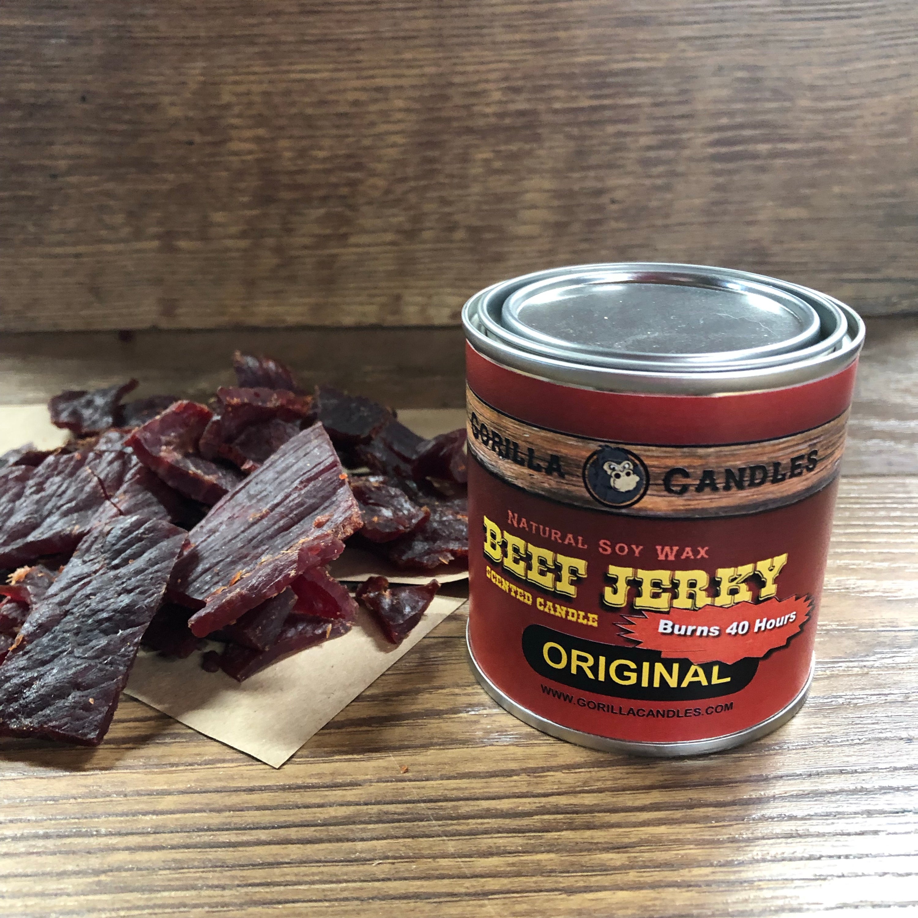 A close-up of savory beef jerky pieces with a smoky hickory flavor, showcasing their rich texture and color.