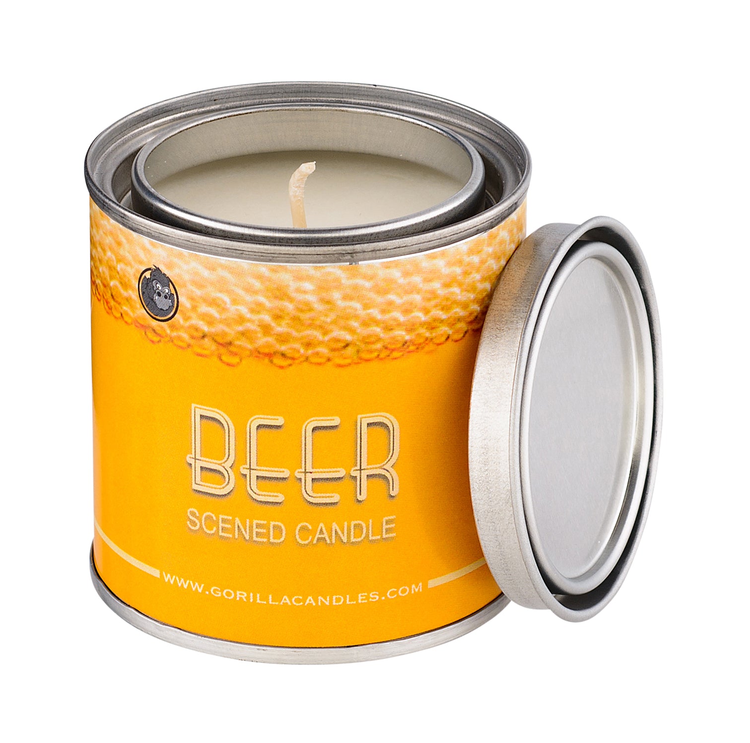 A beautifully crafted Beer Scented Candle with a warm glow, featuring a label that highlights its unique oatmeal cookie and beer scent.