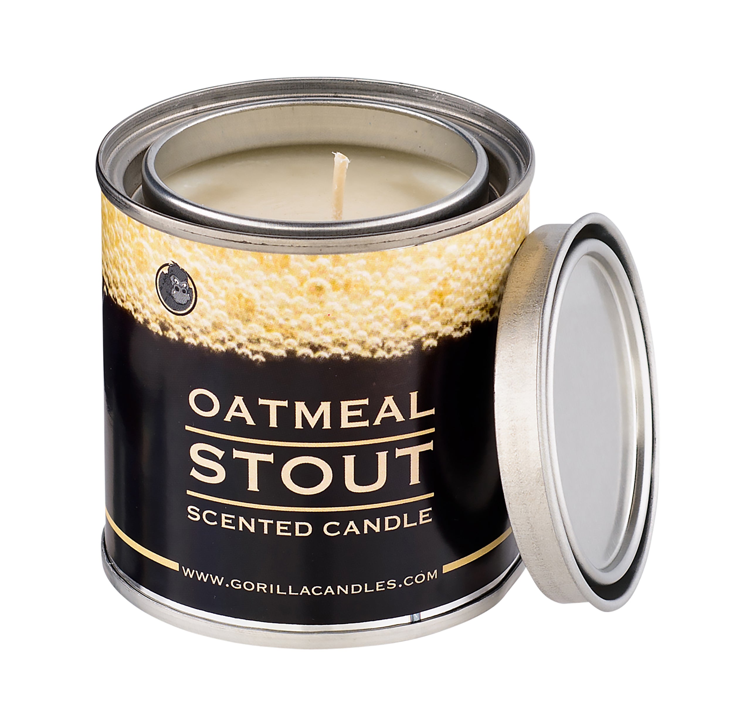 A beautifully crafted Beer Scented Candle with a warm glow, featuring a label that highlights its unique oatmeal cookie and beer scent.