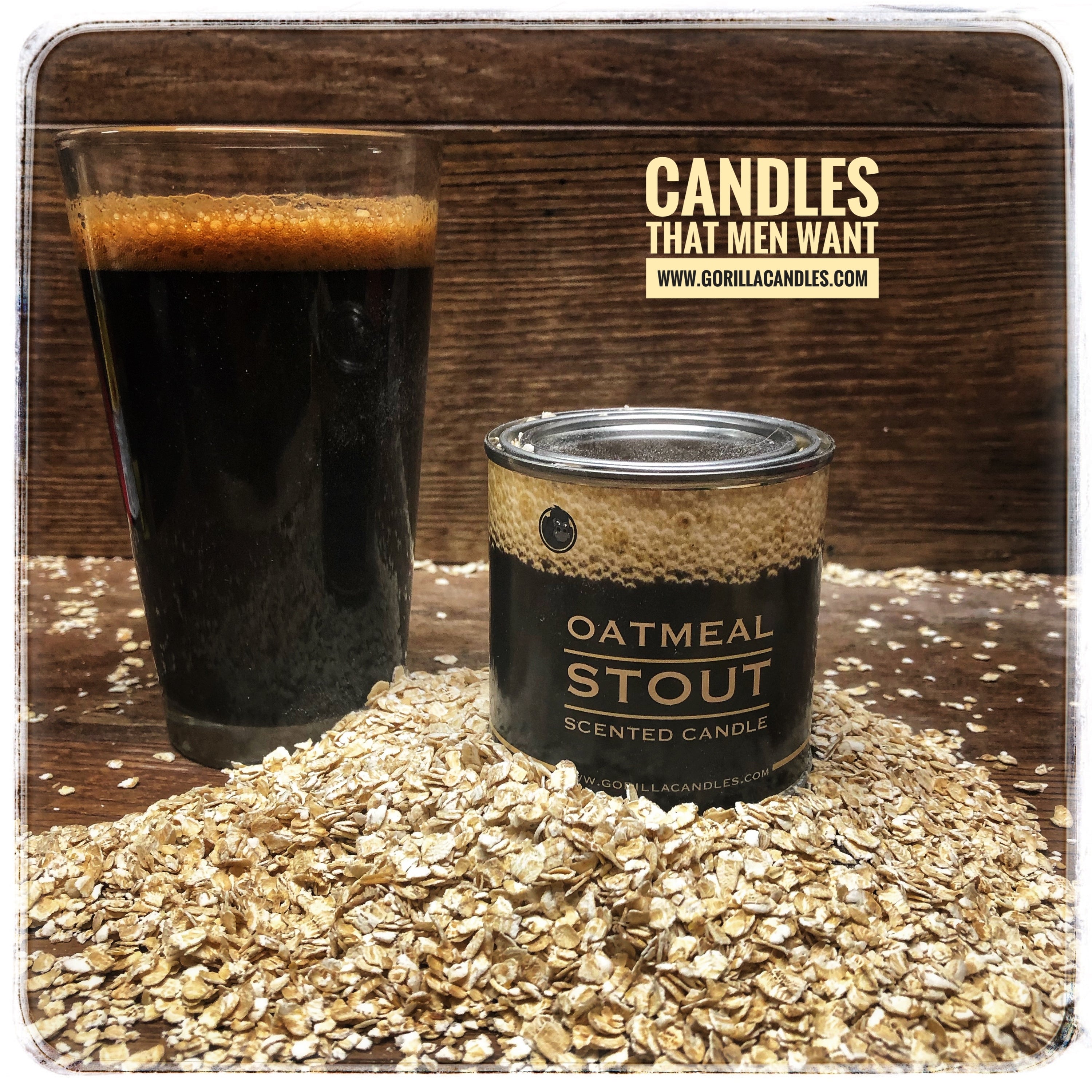 A beautifully crafted Beer Scented Candle with a warm glow, featuring a label that highlights its unique oatmeal cookie and beer scent.