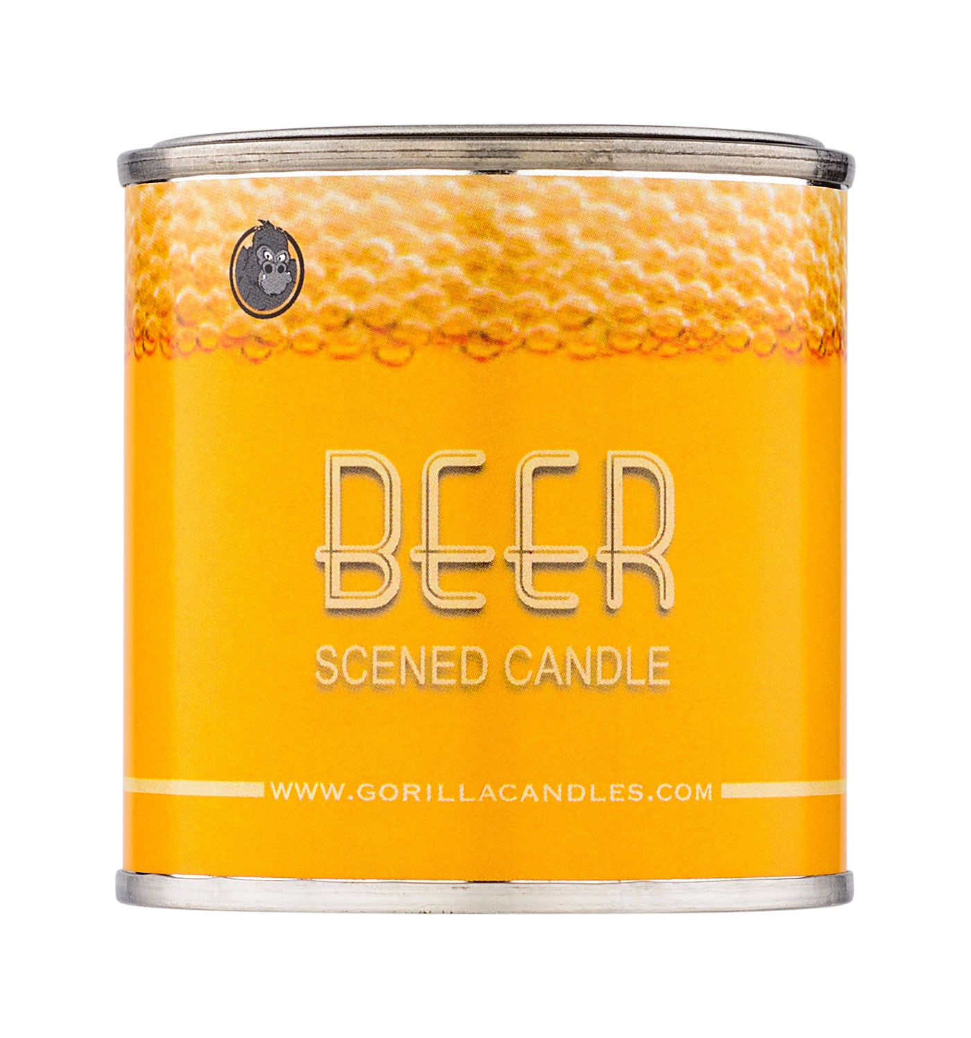 A beautifully crafted Beer Scented Candle with a warm glow, featuring a label that highlights its unique oatmeal cookie and beer scent.