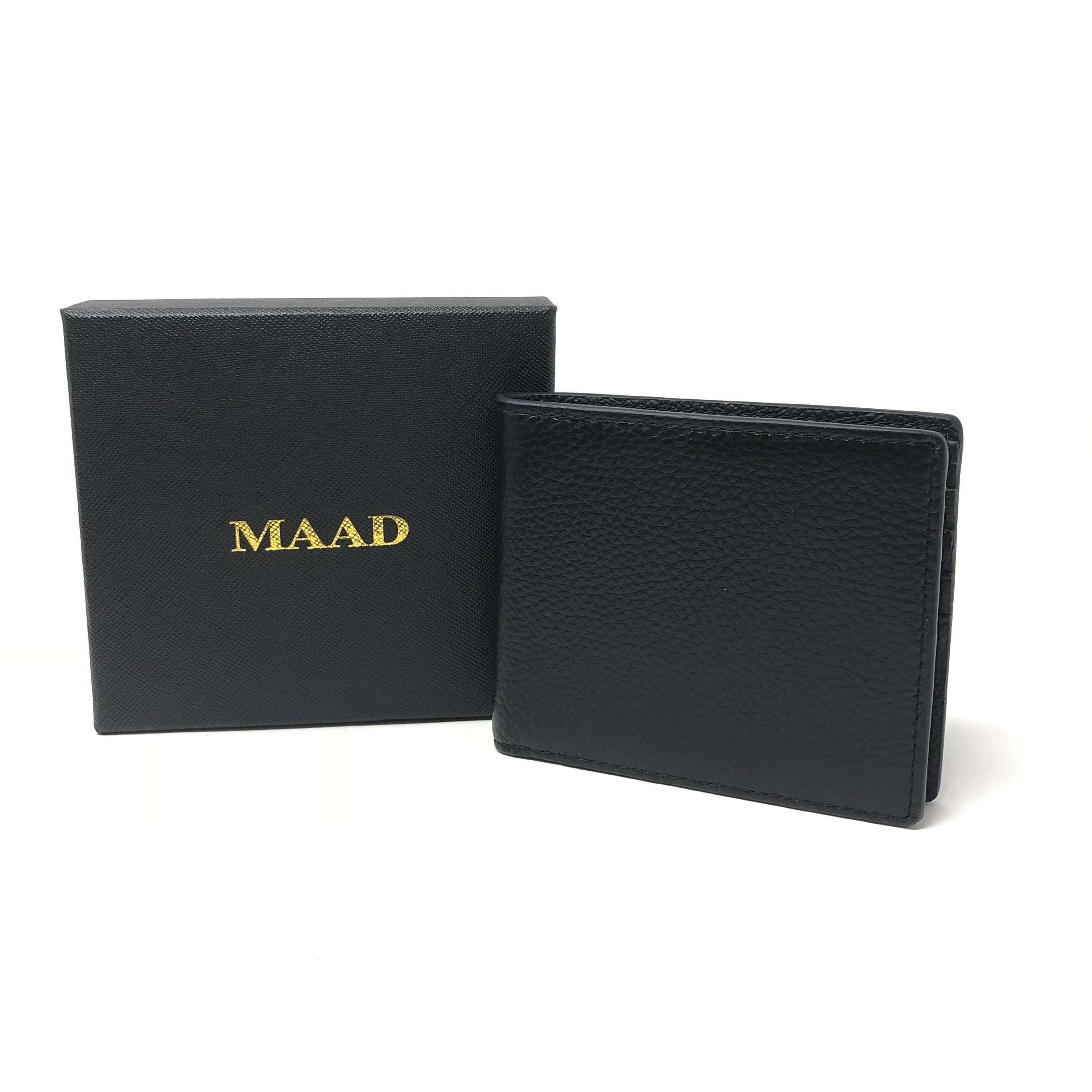 A stylish black wallet made from 100% calf leather with pebbled embossed print, featuring card slots and a large pocket for notes.