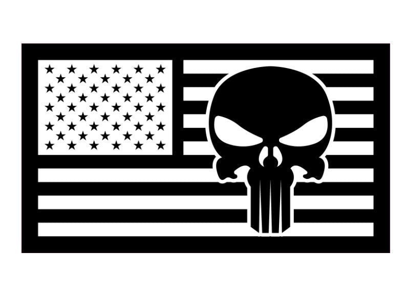 Black & White Punisher US Flag decal sticker featuring a bold design, ideal for veterans and military supporters, suitable for various surfaces.