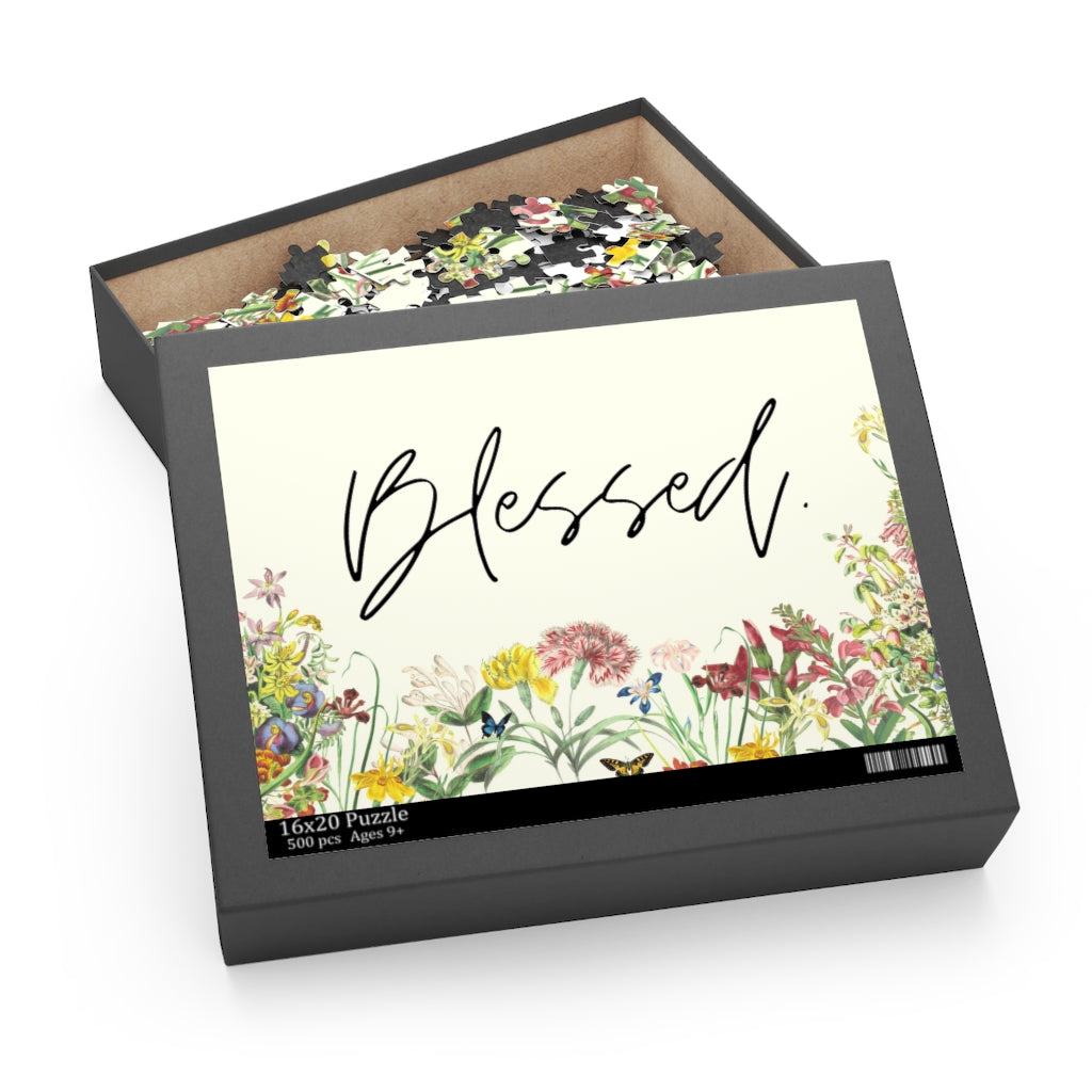 A beautifully designed 500-piece jigsaw puzzle featuring a floral pattern and an inspirational quote, packaged in a gift-ready box.