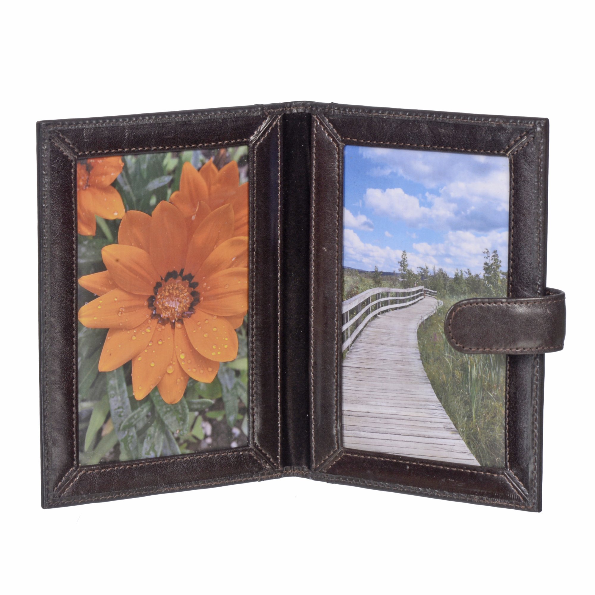 A small, elegant Book Picture Frame featuring Italian glazed leather with two 5x3 photo windows, lined with velour for a luxurious touch.