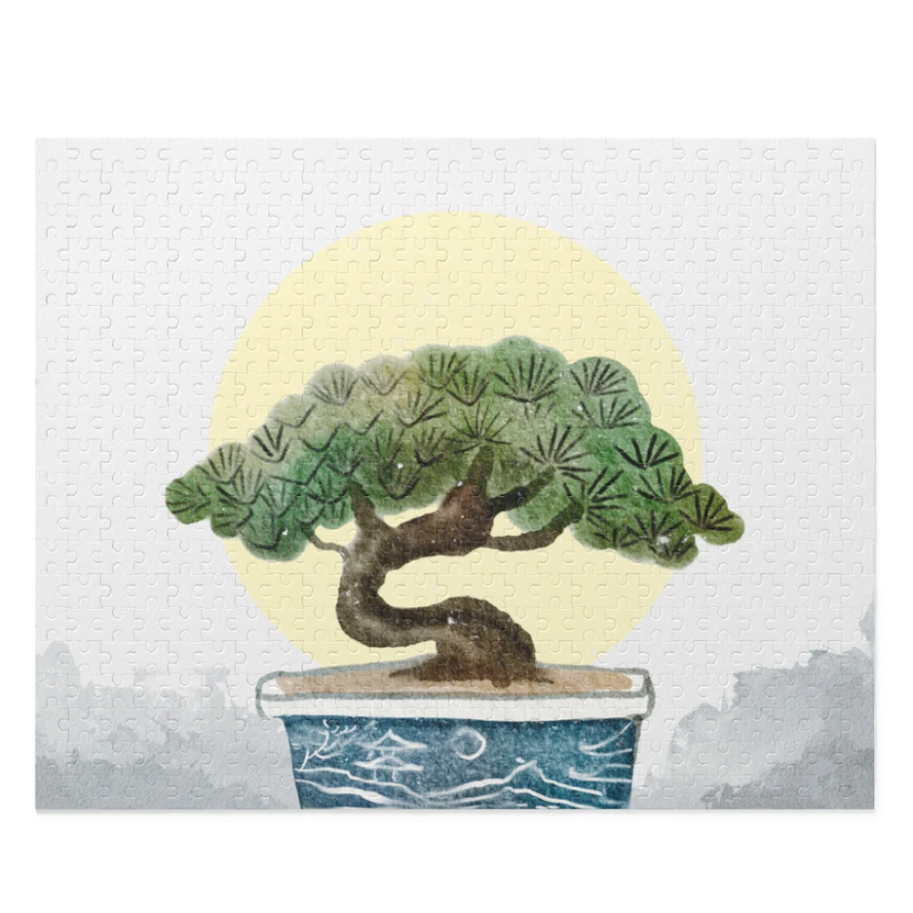 A beautifully designed 500-piece jigsaw puzzle featuring a serene bonsai tree, showcasing vibrant colors and a glossy finish.