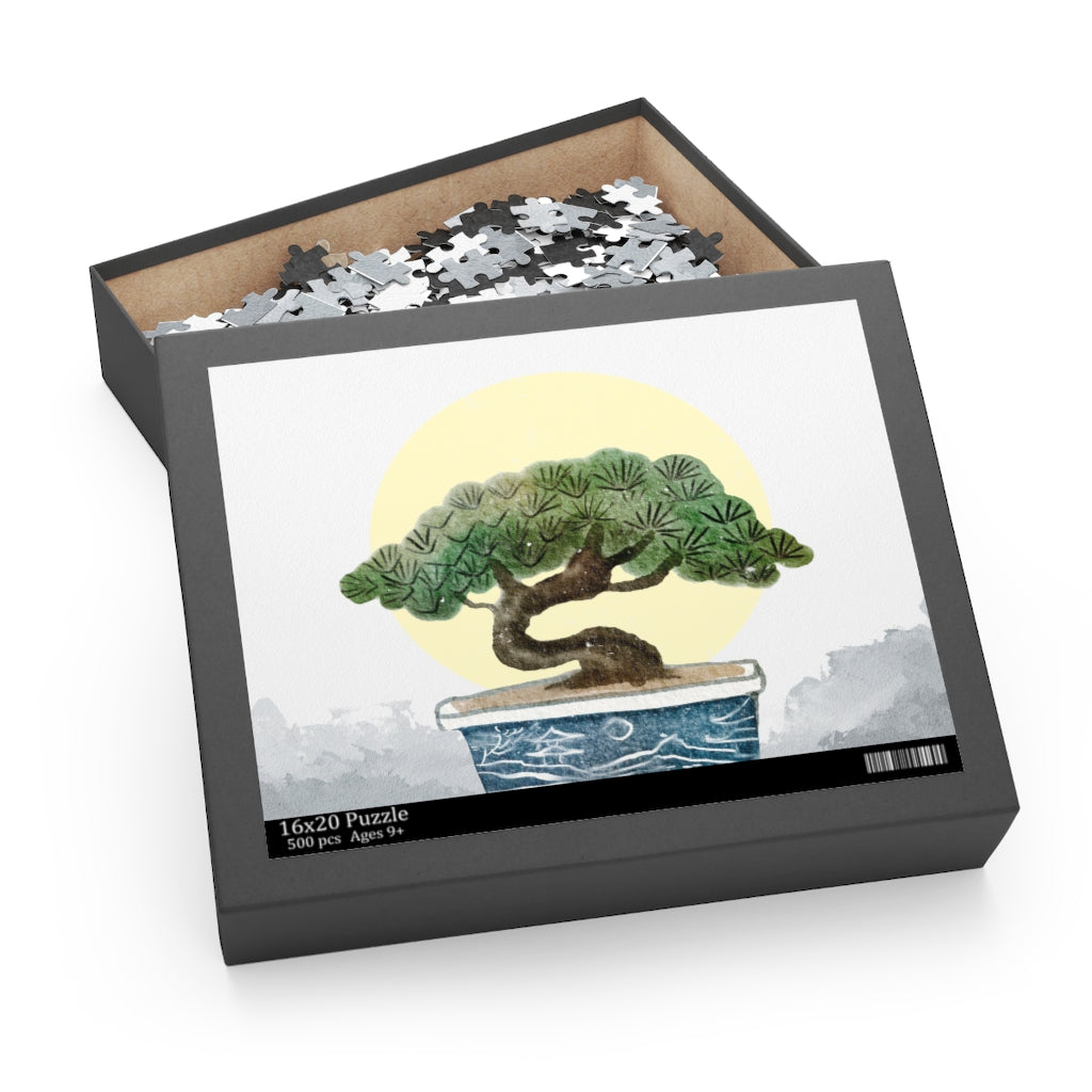 A beautifully designed 500-piece jigsaw puzzle featuring a serene bonsai tree, showcasing vibrant colors and a glossy finish.