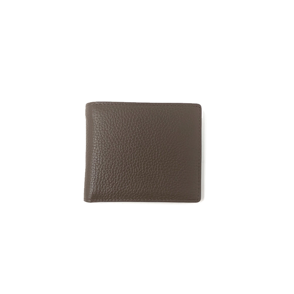 A luxurious brown wallet made from 100% calf leather with a pebbled embossed print, featuring multiple card slots and a large pocket for notes.