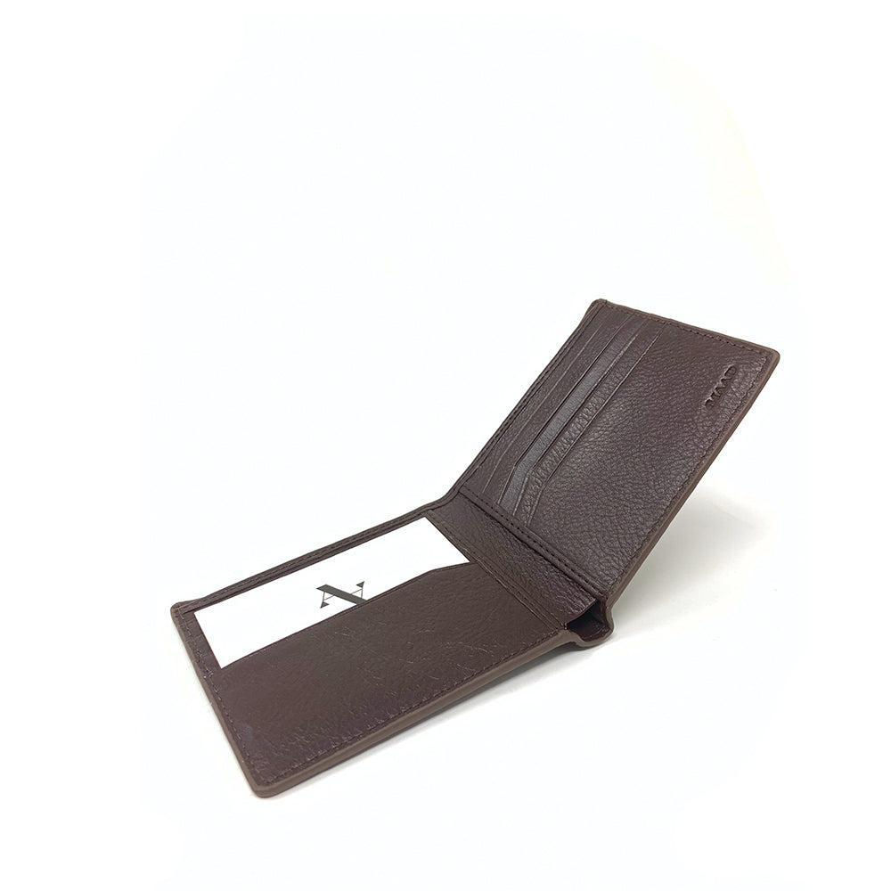 A luxurious brown wallet made from 100% calf leather with a pebbled embossed print, featuring multiple card slots and a large pocket for notes.