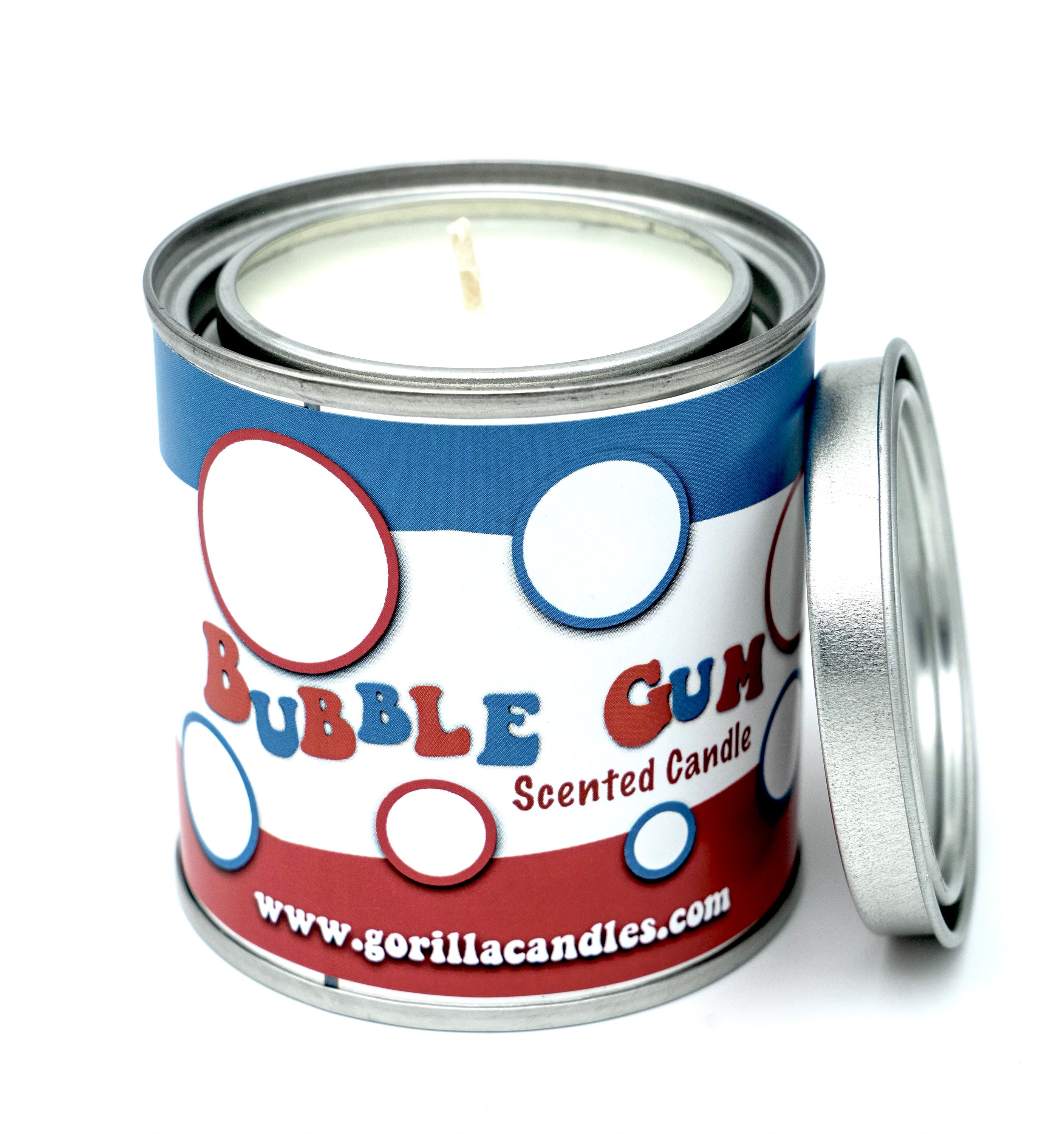 A retro-style paint can candle filled with soy wax, emitting a sweet Bazooka Bubble Gum scent.