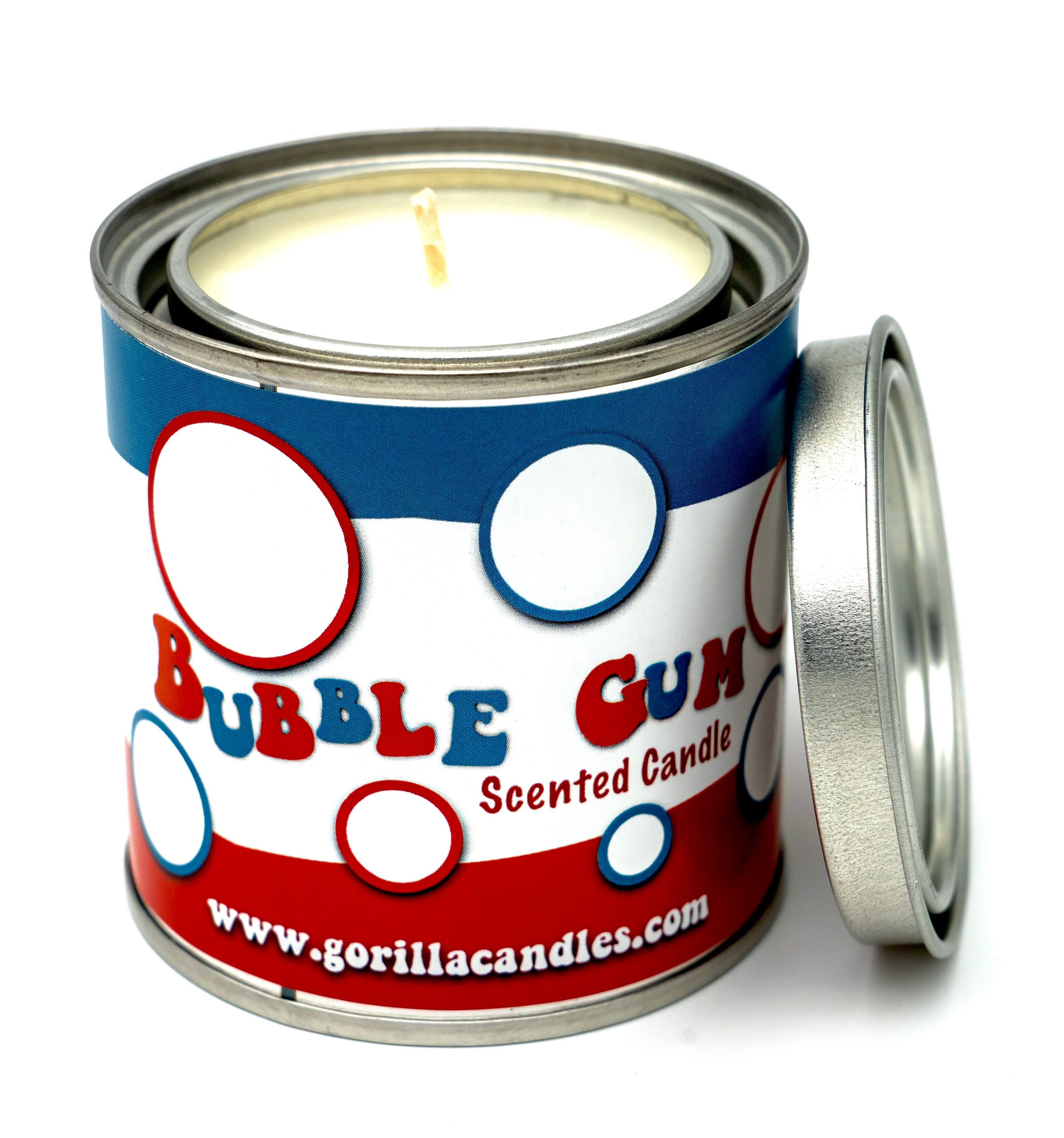 A retro-style paint can candle filled with soy wax, emitting a sweet Bazooka Bubble Gum scent.