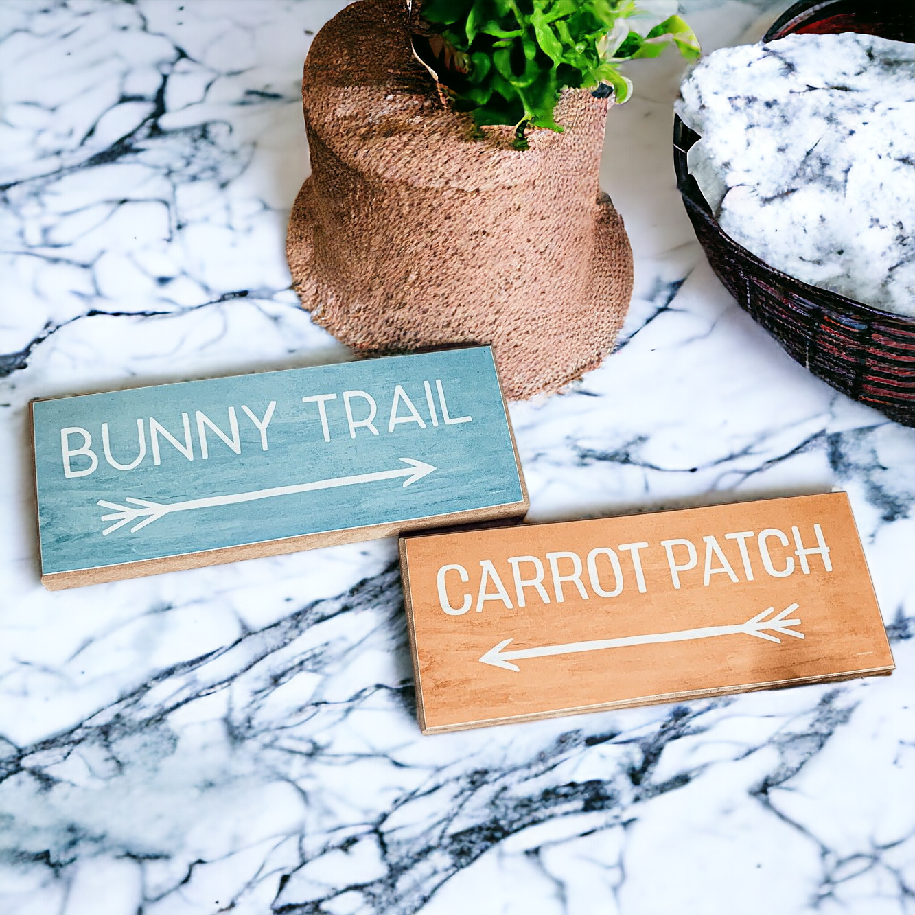 Two wooden block signs featuring Bunny Trail and Carrot Patch designs in pastel colors, perfect for Easter decor.