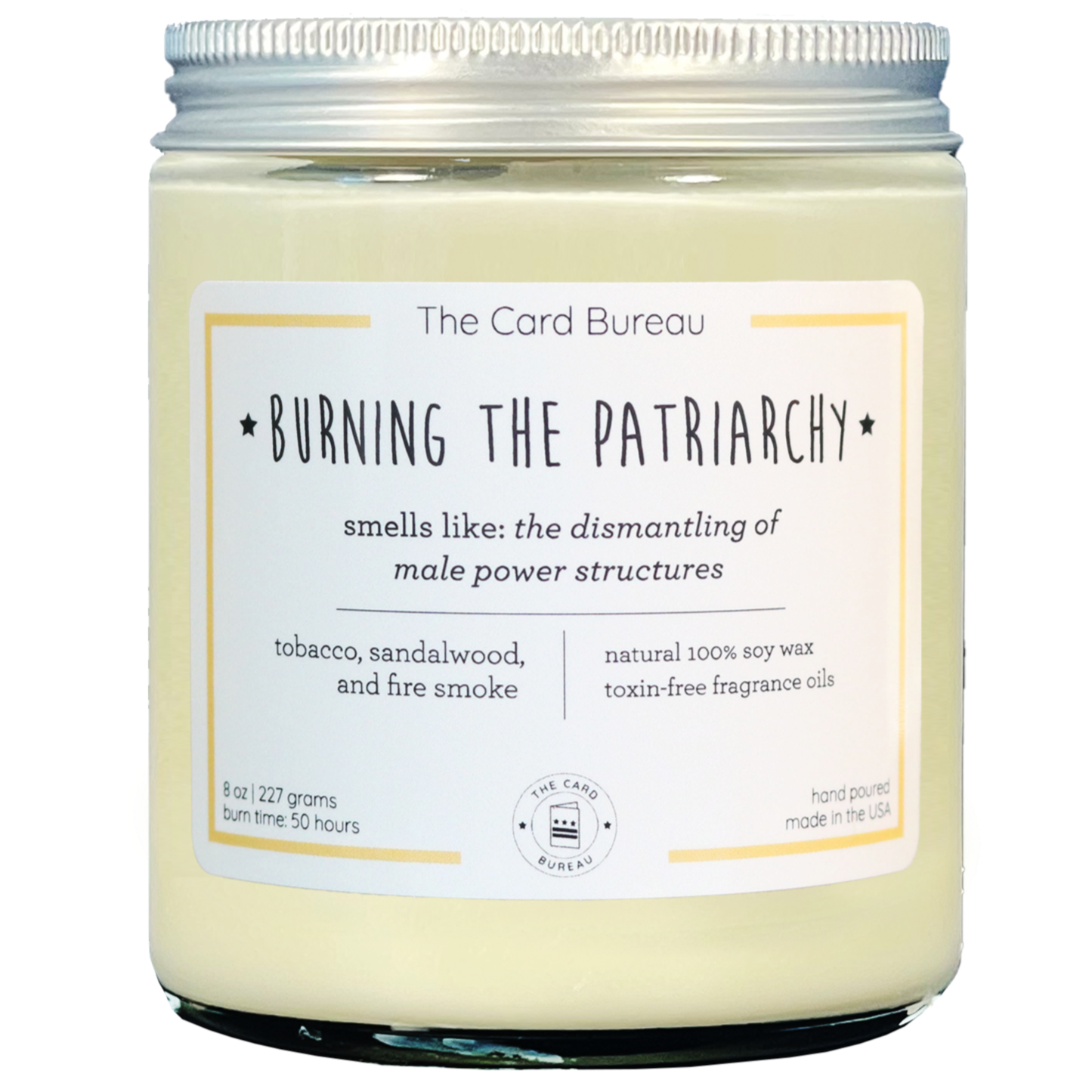 Burning the Patriarchy candle in a glass jar with a tin lid, showcasing its elegant design and eco-friendly materials.